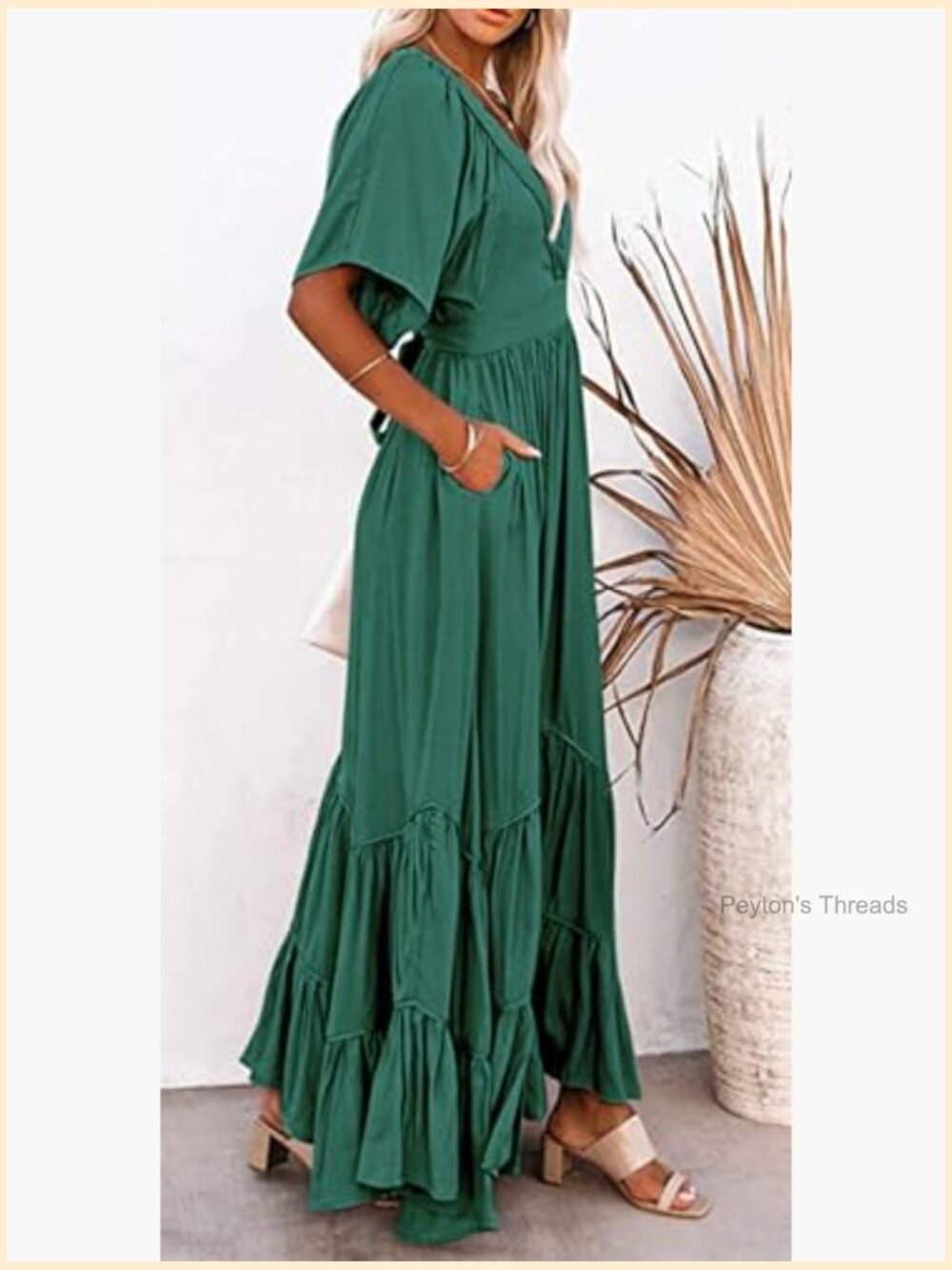 Women's Boho Ruffle Sleeve Flowy Maxi Dress Lace Up Back Tiered A Line Dress - Picture 5 of 6
